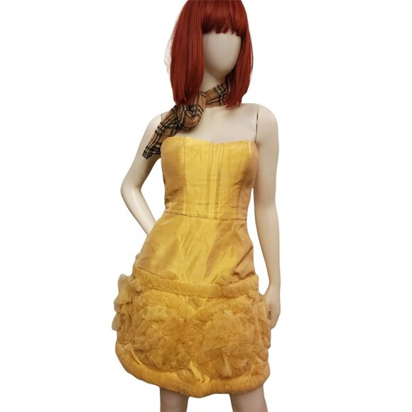 Badgley Mischka 4 Strapless Tulle Mini Dress Yellow Formal Prom Event Designer - Picture 2 of 14